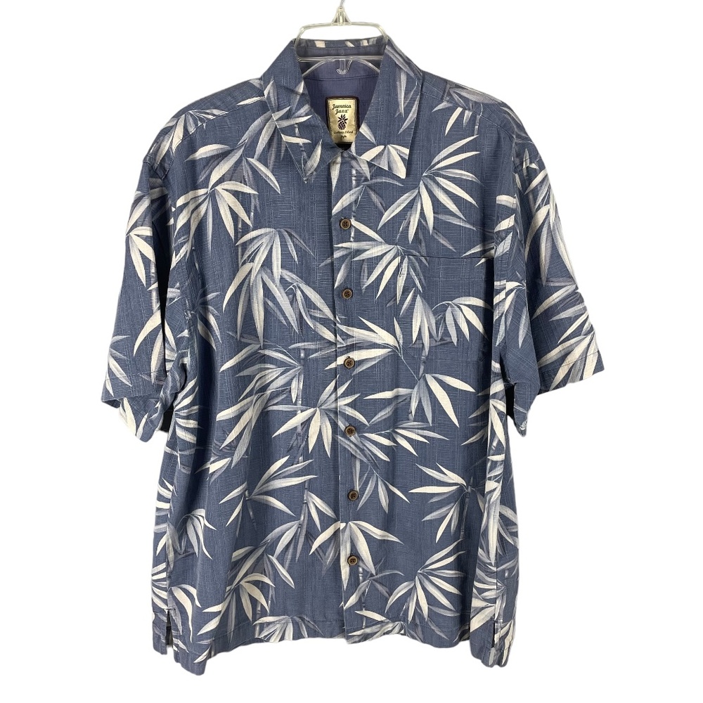 JAMAICA JAXX Mens L Silk Blue White Floral Hawaiian Button Front Shirt